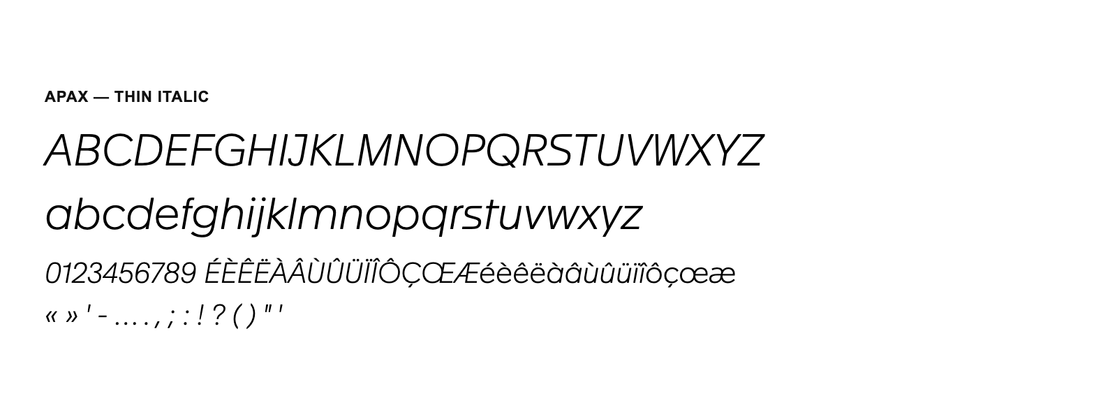 Spécimen de Apax Thin Italic