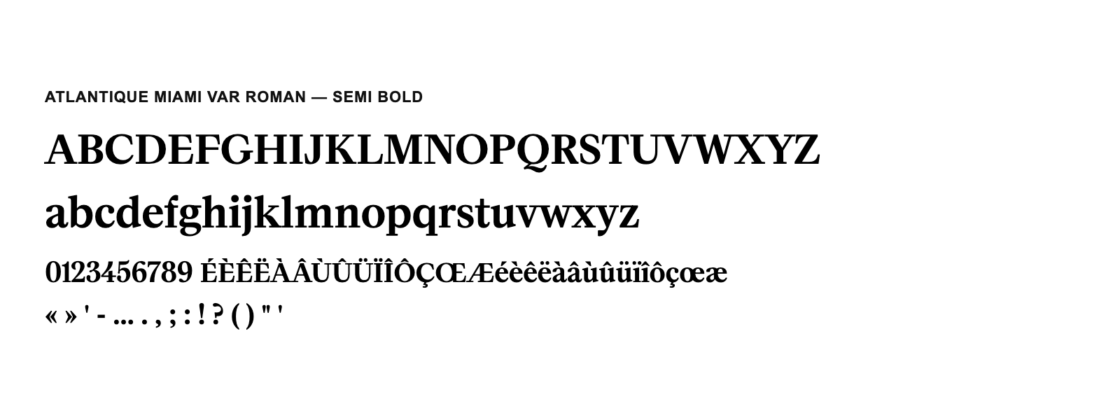 Spécimen de Atlantique Miami VAR Roman Semi Bold