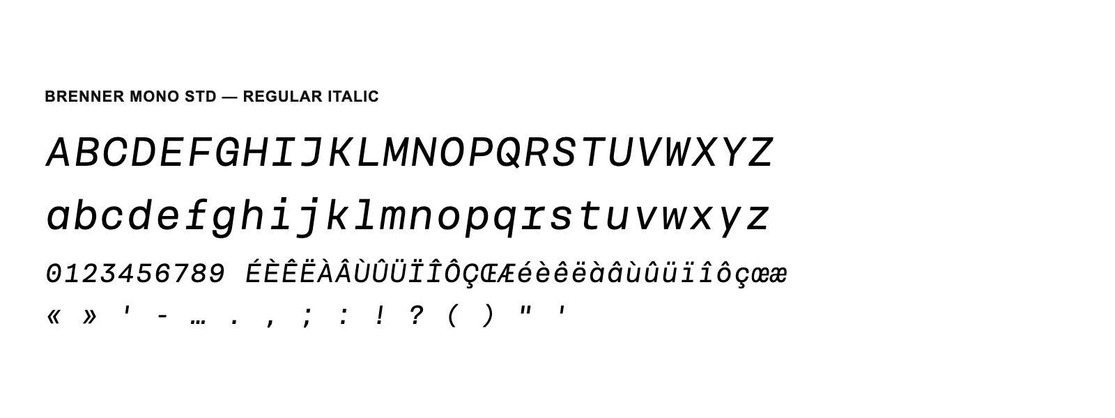 Spécimen de Brenner Mono Std Regular Italic