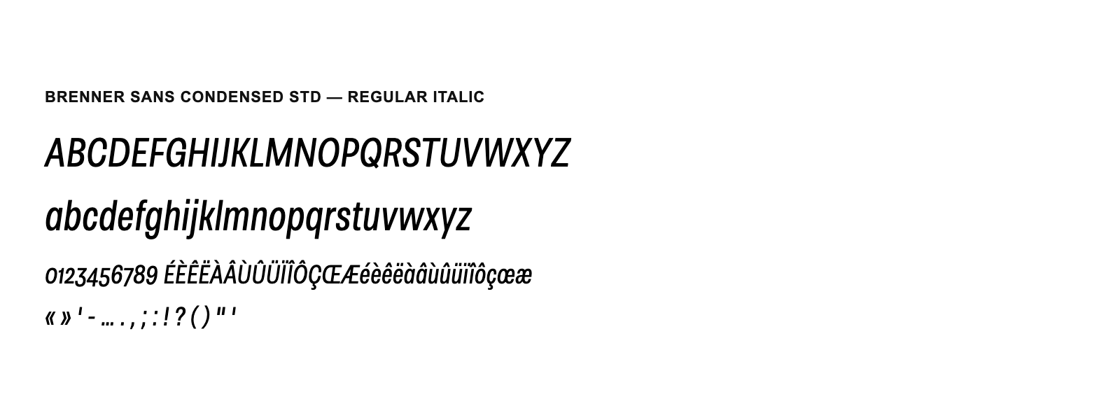 Spécimen de Brenner Sans Condensed Std Regular Italic