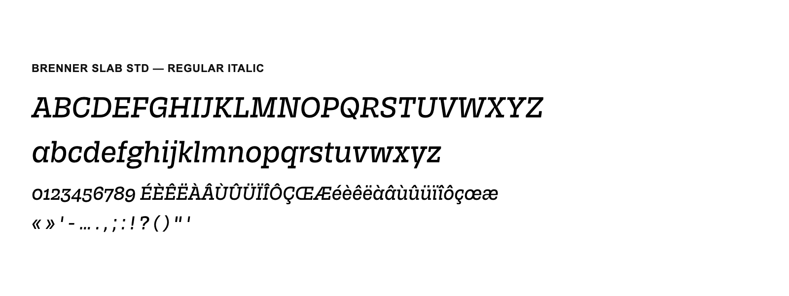 Spécimen de Brenner Slab Std Regular Italic
