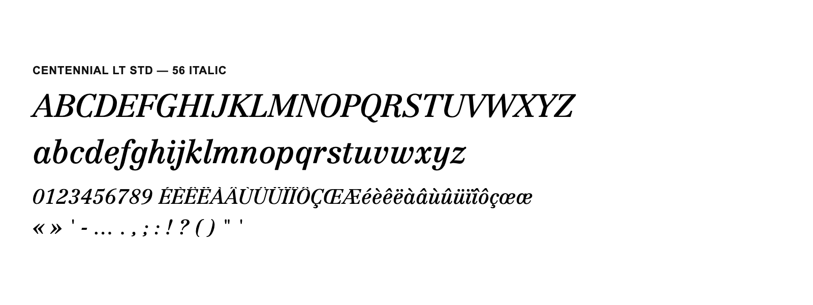 Spécimen de Centennial LT Std 56 Italic