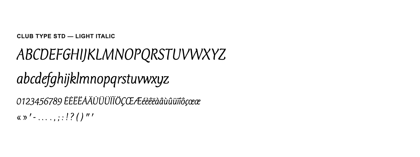Spécimen de Club Type Std Light Italic