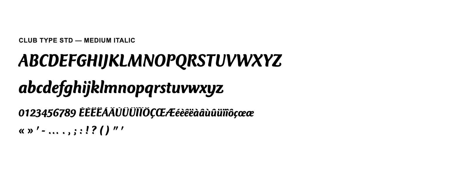 Spécimen de Club Type Std Medium Italic