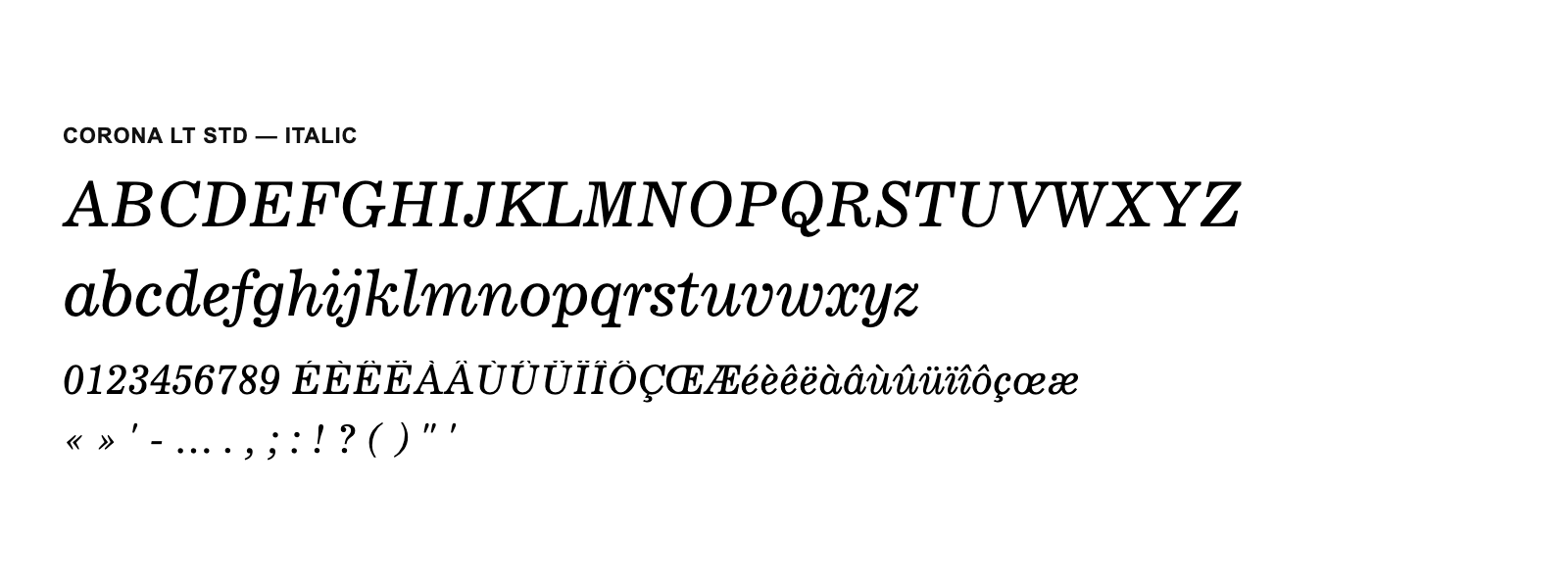 Spécimen de Corona LT Std Italic