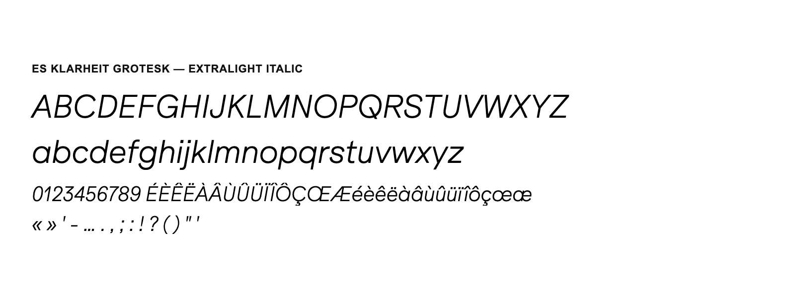 Spécimen de ES Klarheit Grotesk Extralight Italic
