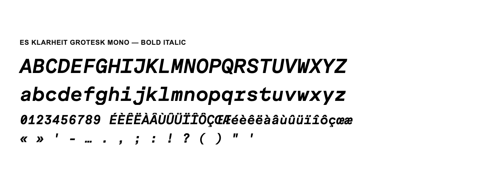 Spécimen de ES Klarheit Grotesk Mono Bold Italic