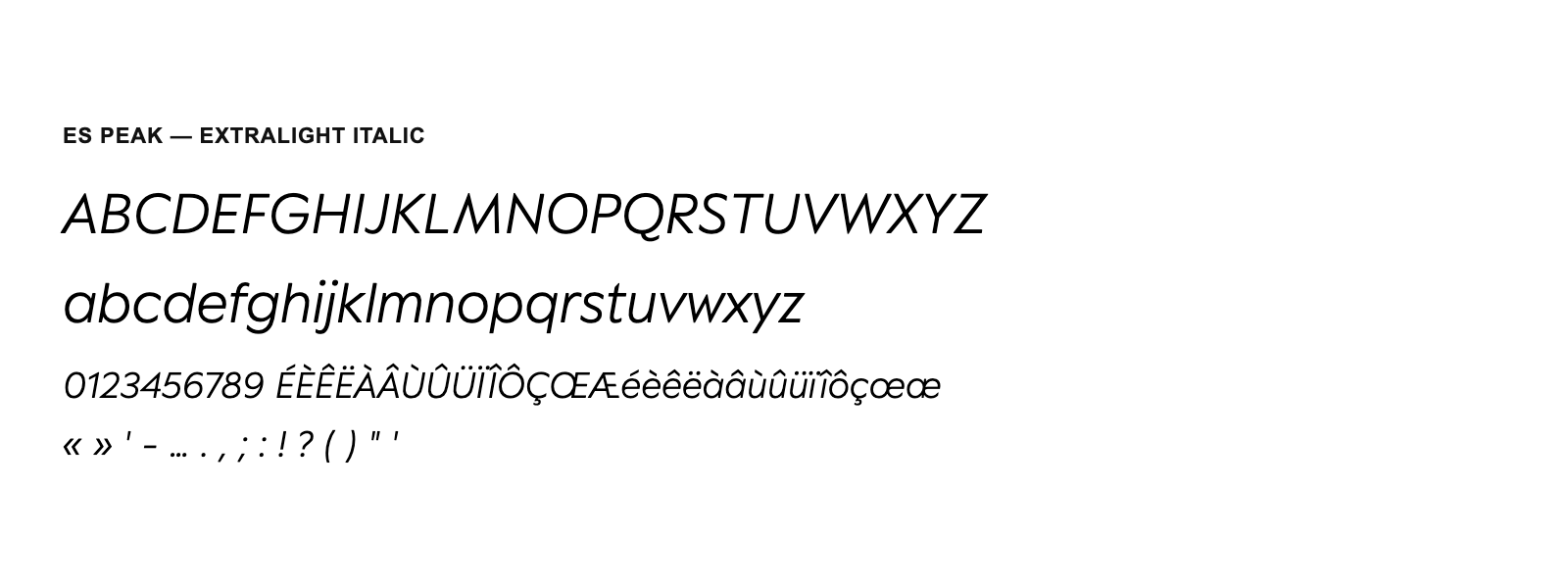 Spécimen de ES Peak Extralight Italic