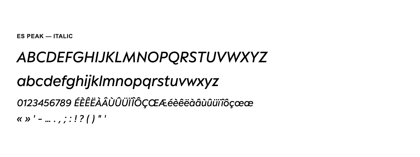 Spécimen de ES Peak Italic