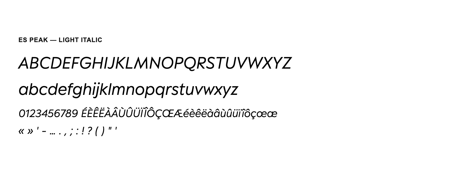 Spécimen de ES Peak Light Italic