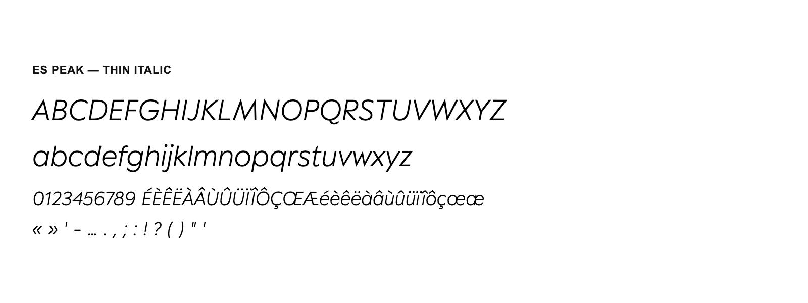 Spécimen de ES Peak Thin Italic