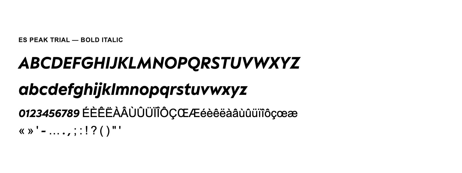 Spécimen de ES Peak TRIAL Bold Italic