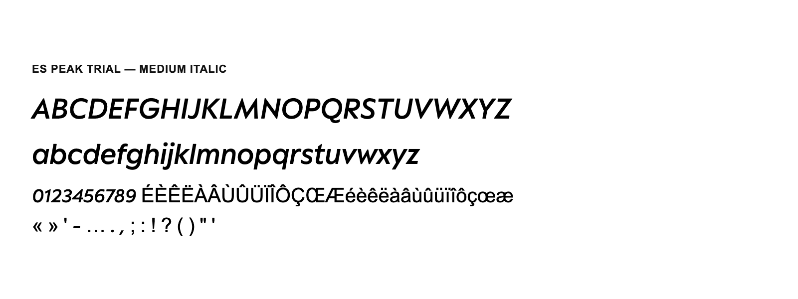 Spécimen de ES Peak TRIAL Medium Italic