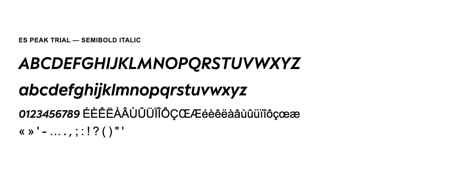 Spécimen de ES Peak TRIAL Semibold Italic