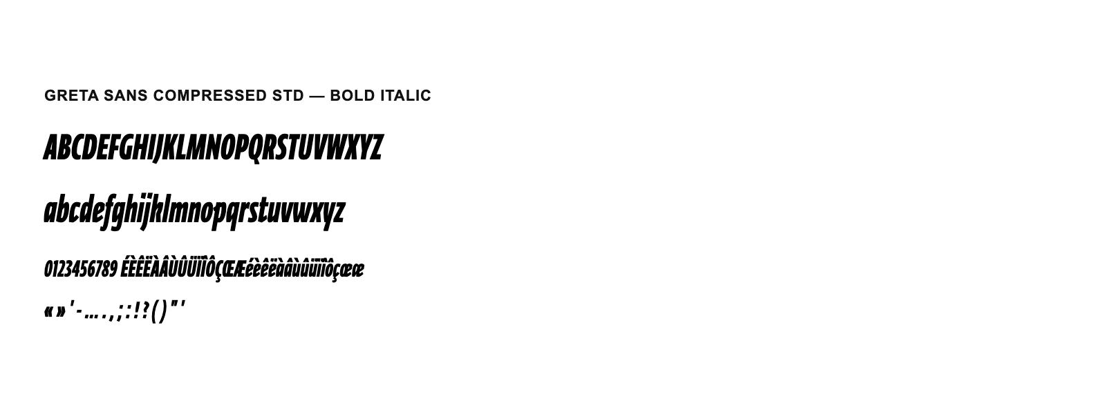 Spécimen de Greta Sans Compressed Std Bold Italic