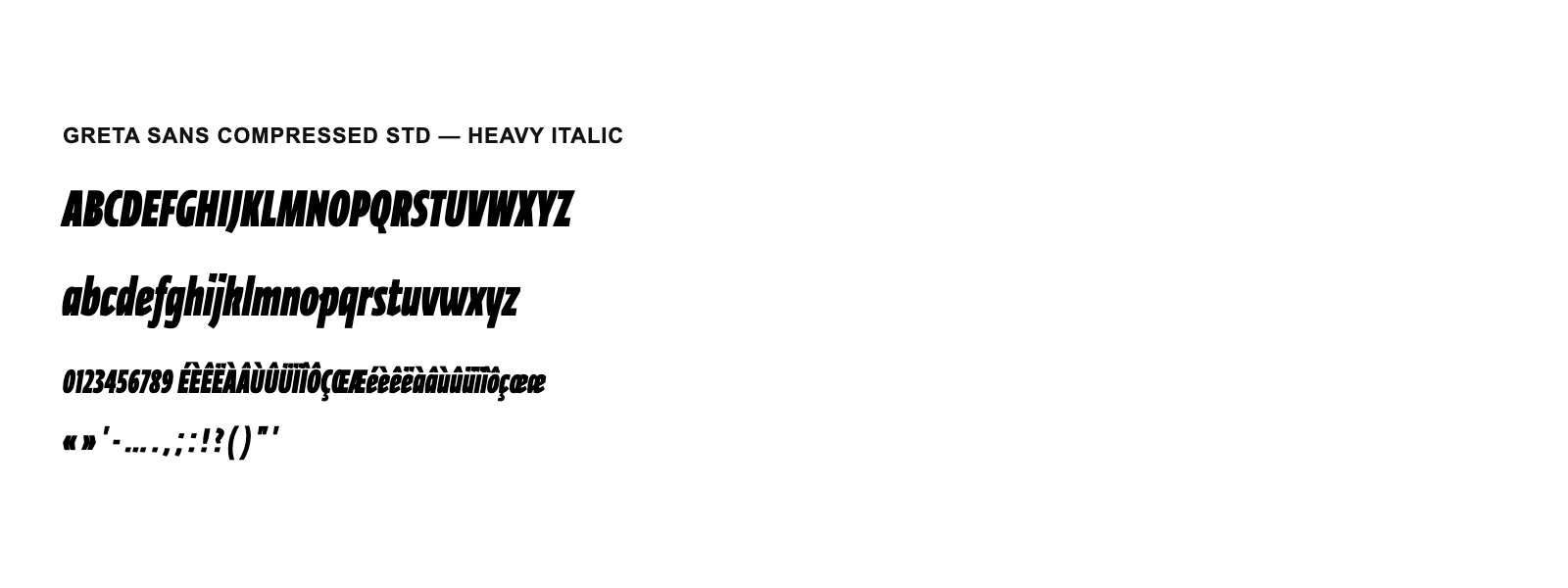 Spécimen de Greta Sans Compressed Std Heavy Italic