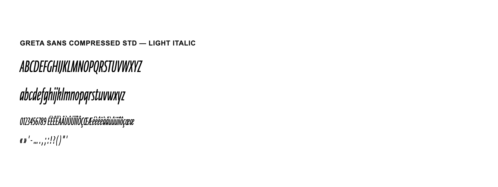 Spécimen de Greta Sans Compressed Std Light Italic