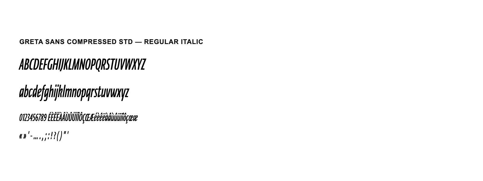 Spécimen de Greta Sans Compressed Std Regular Italic