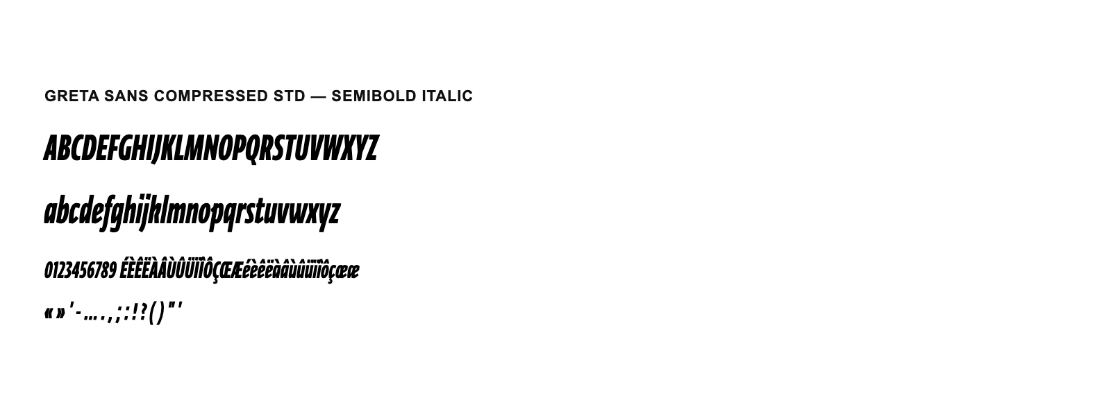 Spécimen de Greta Sans Compressed Std SemiBold Italic