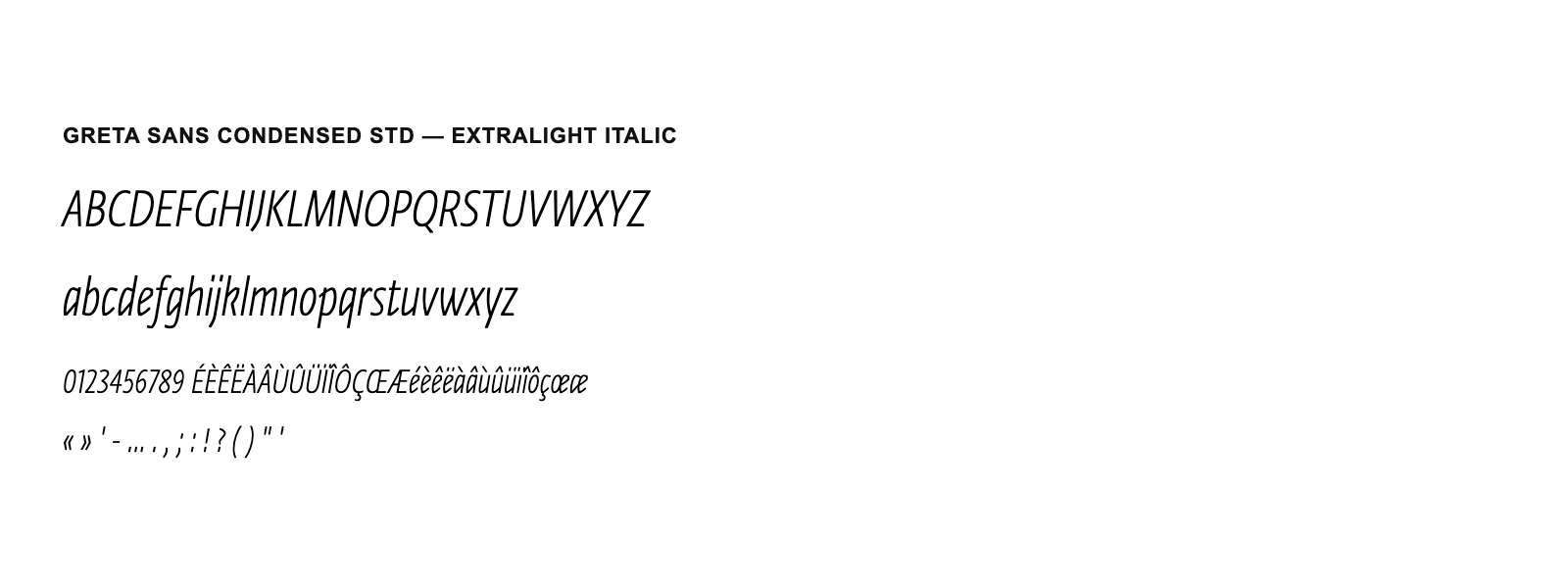 Spécimen de Greta Sans Condensed Std ExtraLight Italic