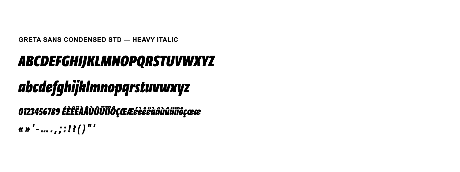 Spécimen de Greta Sans Condensed Std Heavy Italic