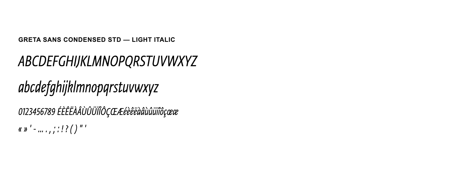 Spécimen de Greta Sans Condensed Std Light Italic