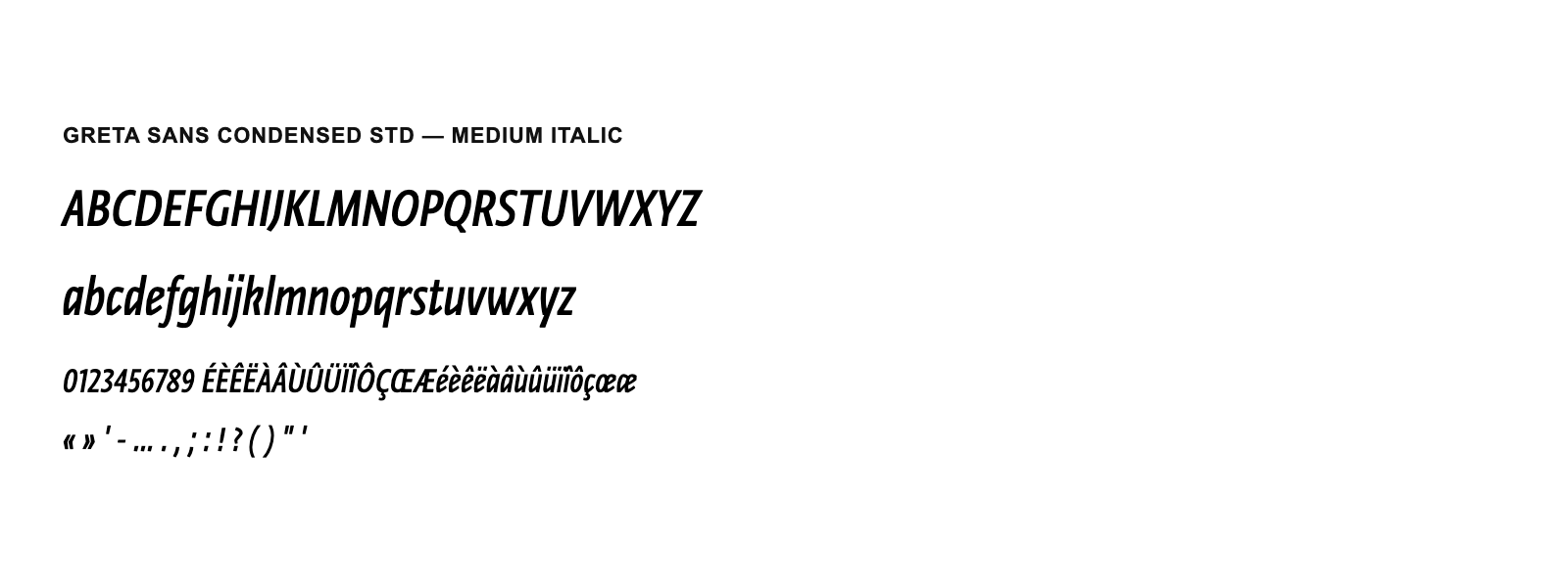 Spécimen de Greta Sans Condensed Std Medium Italic