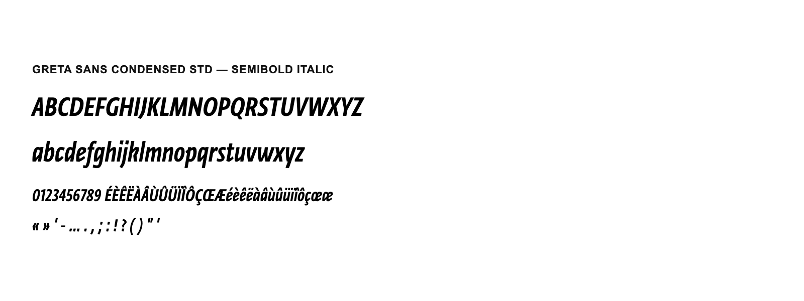 Spécimen de Greta Sans Condensed Std SemiBold Italic
