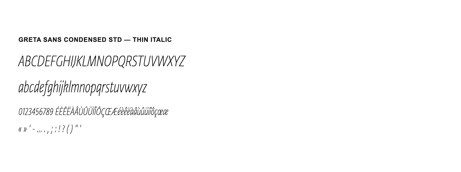 Spécimen de Greta Sans Condensed Std Thin Italic