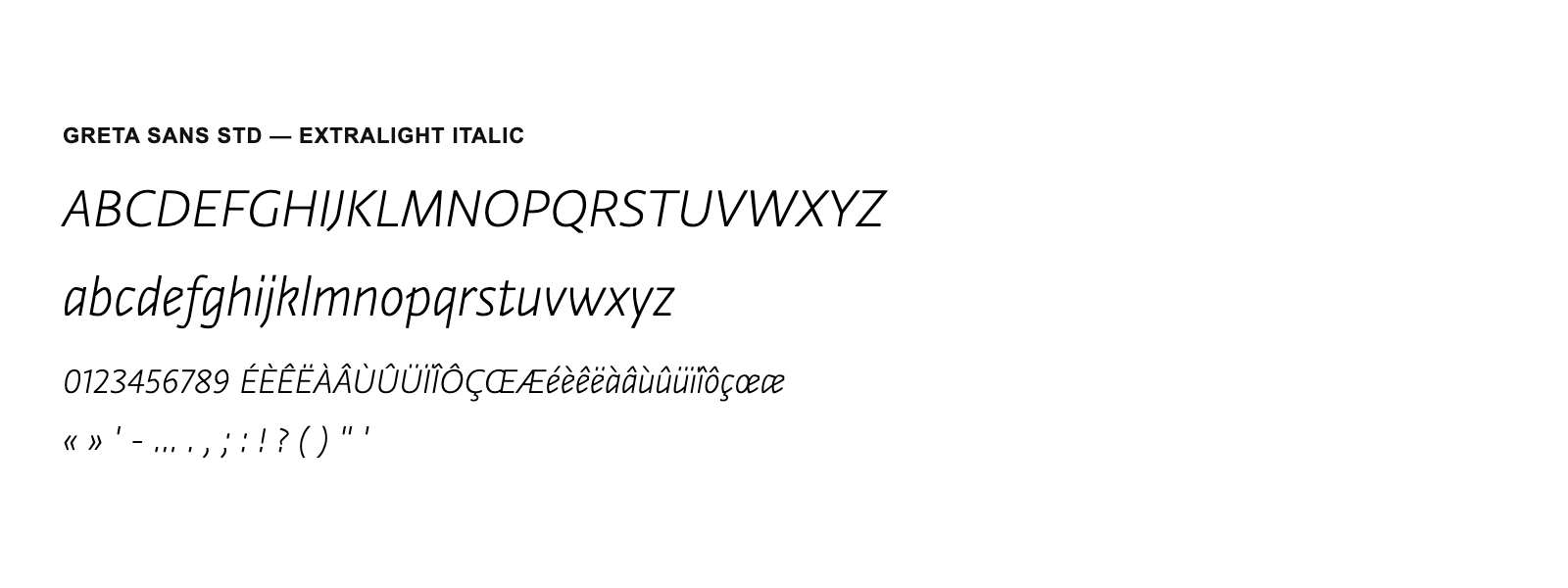 Spécimen de Greta Sans Std ExtraLight Italic