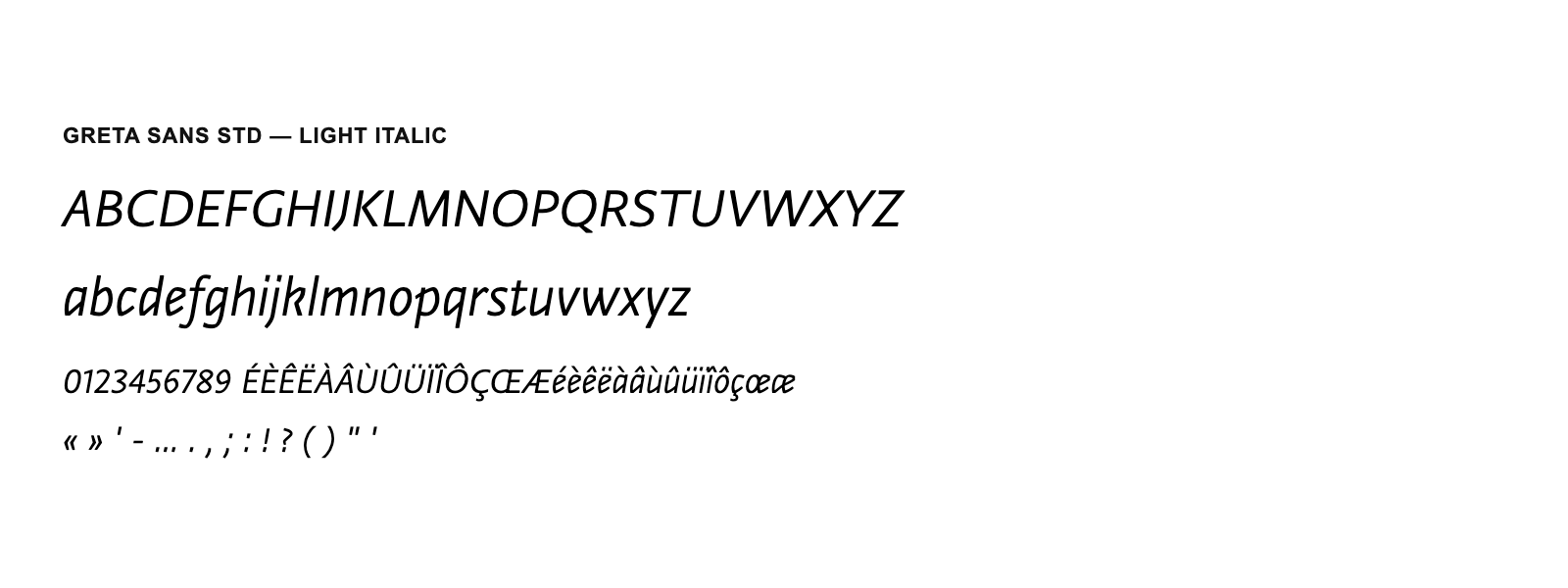 Spécimen de Greta Sans Std Light Italic