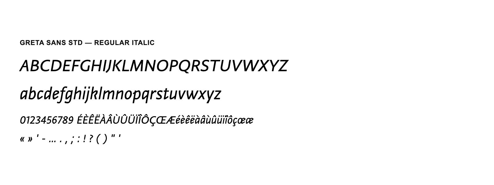 Spécimen de Greta Sans Std Regular Italic