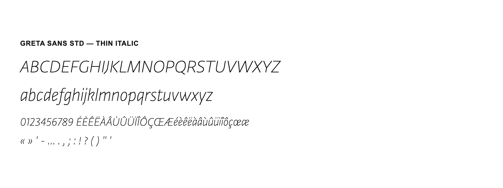 Spécimen de Greta Sans Std Thin Italic