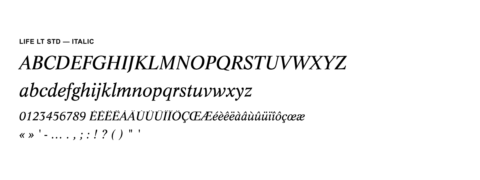 Spécimen de Life LT Std Italic
