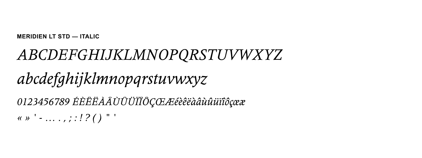 Spécimen de Meridien LT Std Italic
