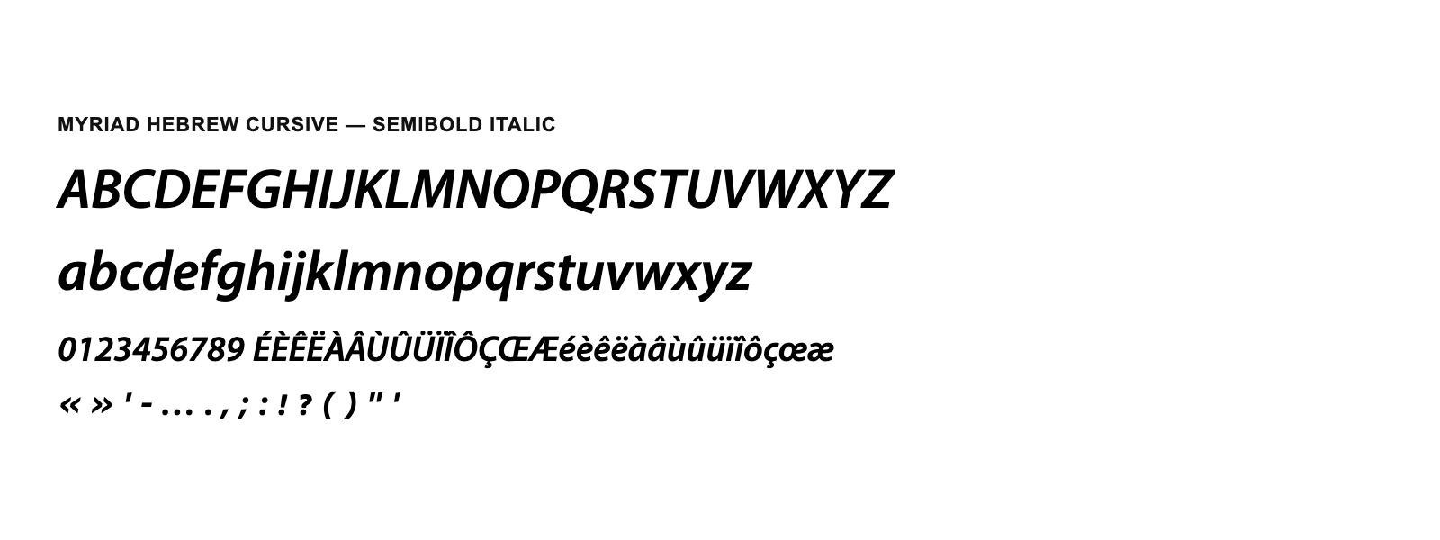 Spécimen de Myriad Hebrew Cursive Semibold Italic