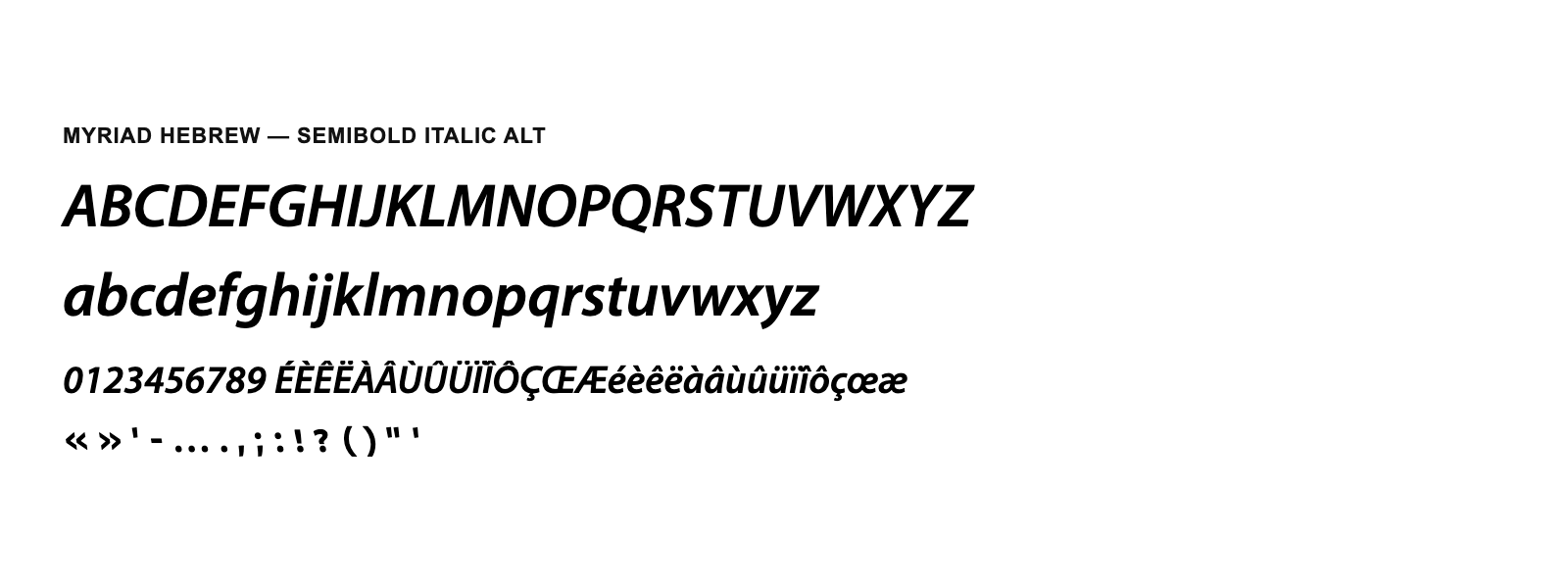 Spécimen de Myriad Hebrew Semibold Italic Alt