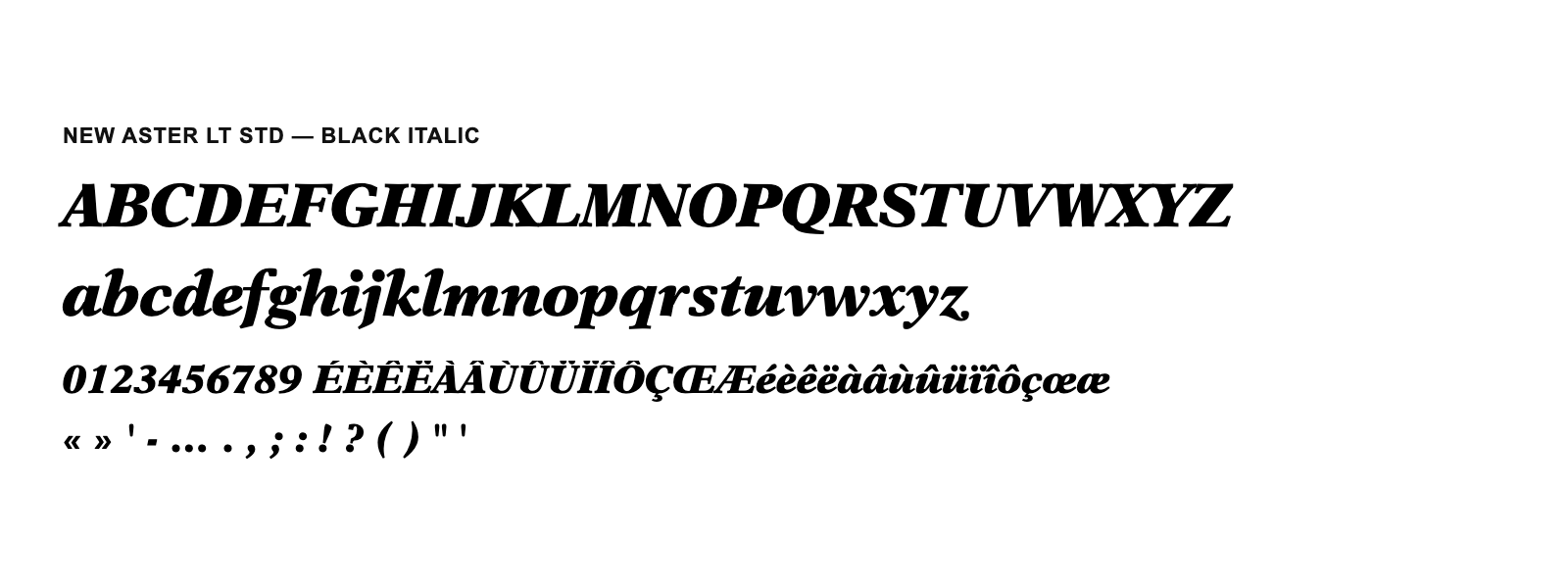 Spécimen de New Aster LT Std Black Italic