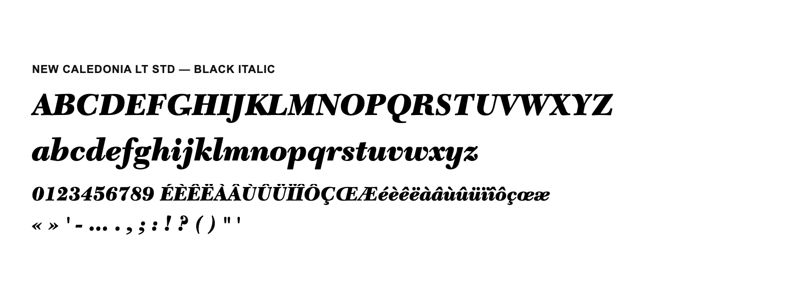 Spécimen de New Caledonia LT Std Black Italic