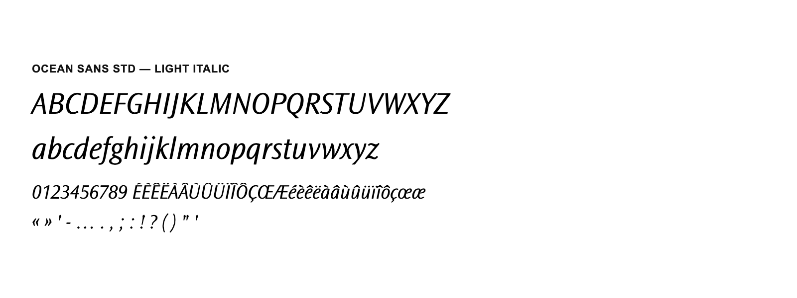 Spécimen de Ocean Sans Std Light Italic
