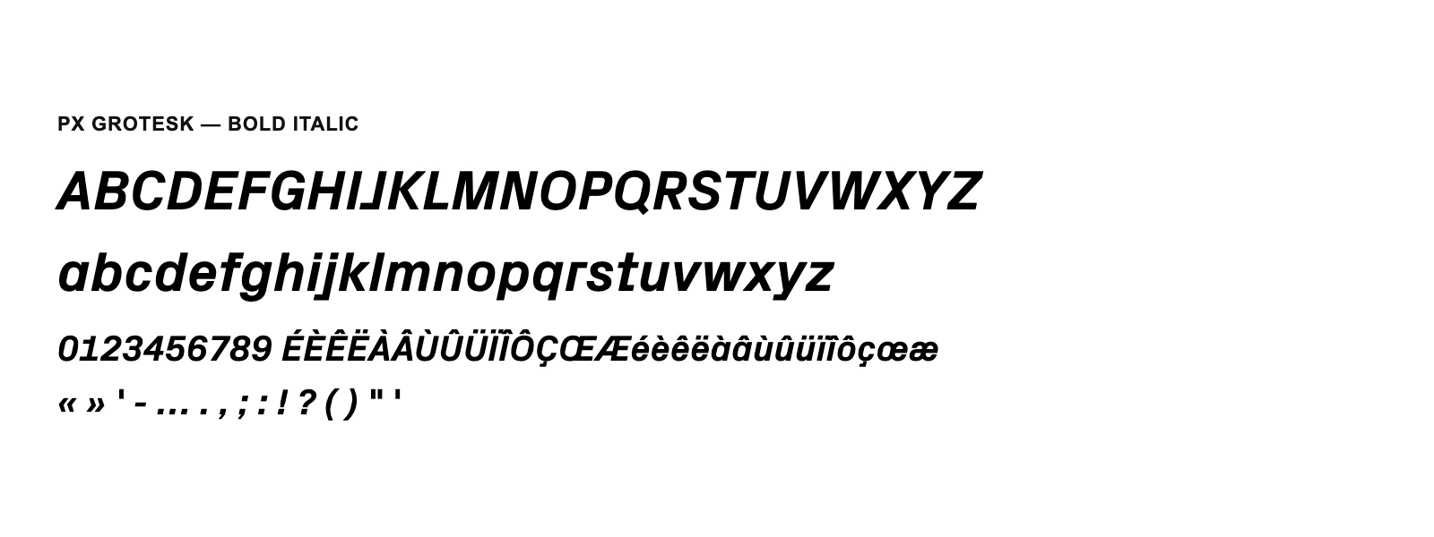 Spécimen de Px Grotesk Bold Italic
