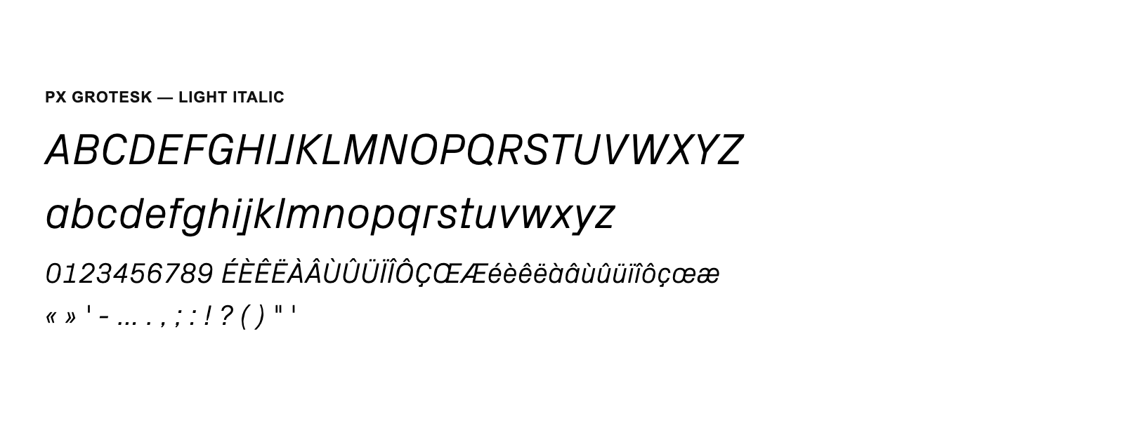 Spécimen de Px Grotesk Light Italic