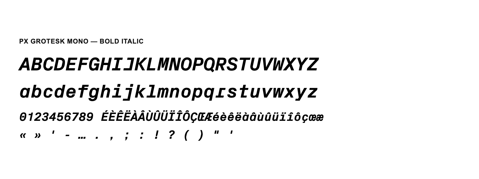 Spécimen de Px Grotesk Mono Bold Italic