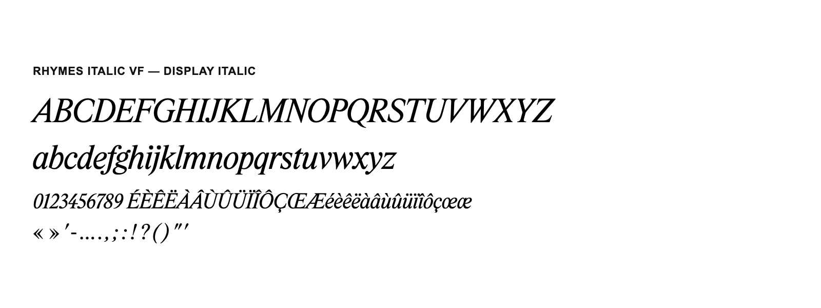 Spécimen de Rhymes Italic VF Display Italic