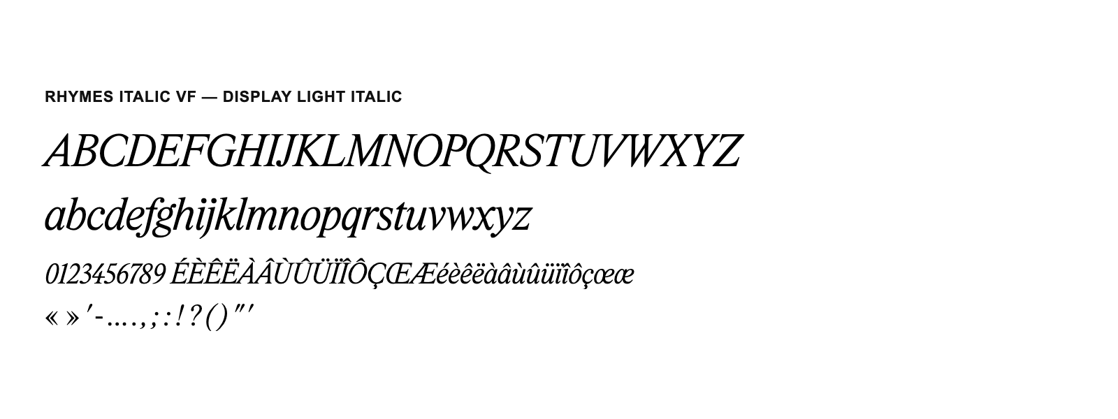 Spécimen de Rhymes Italic VF Display Light Italic