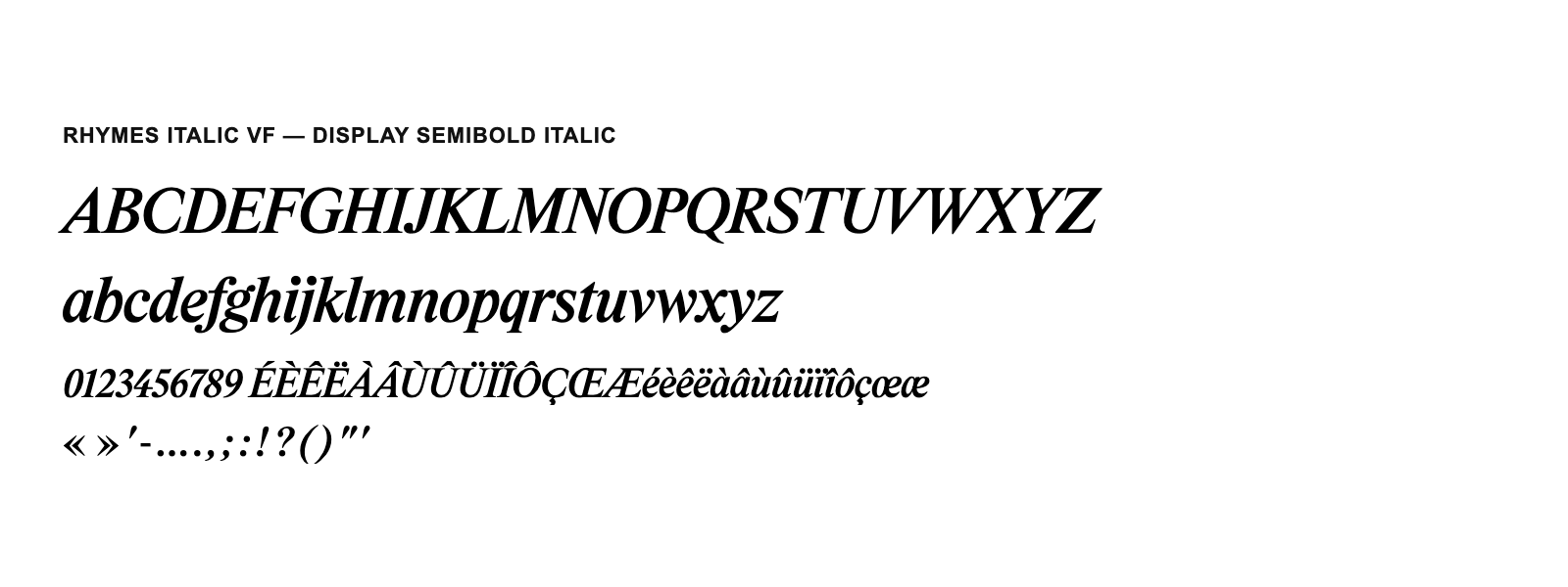 Spécimen de Rhymes Italic VF Display SemiBold Italic