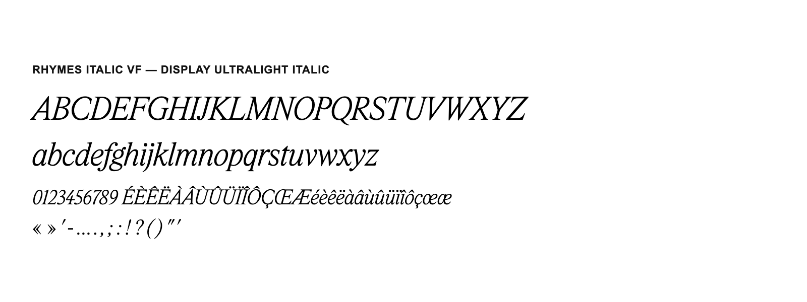 Spécimen de Rhymes Italic VF Display UltraLight Italic