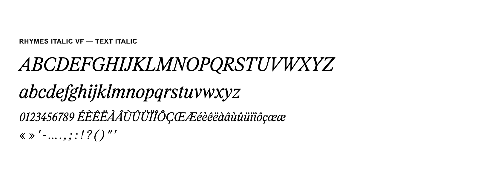 Spécimen de Rhymes Italic VF Text Italic