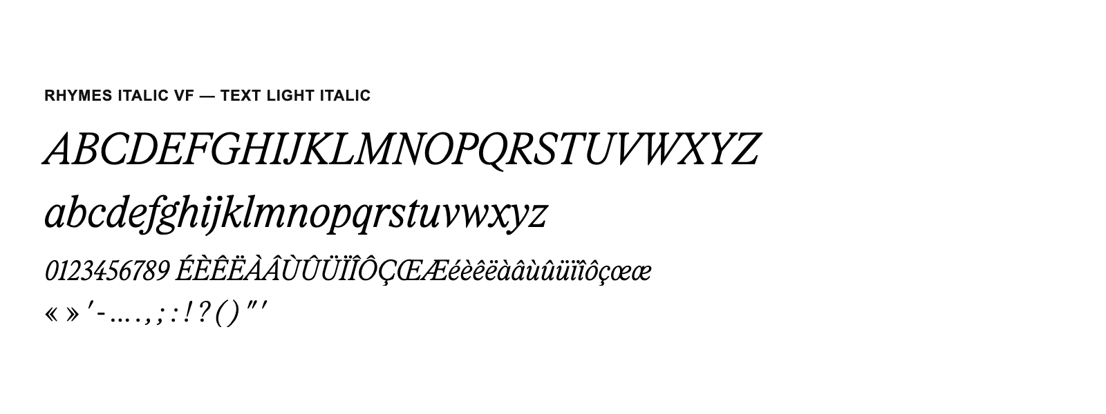Spécimen de Rhymes Italic VF Text Light Italic