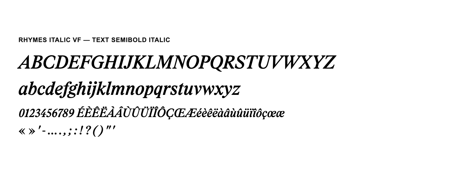 Spécimen de Rhymes Italic VF Text SemiBold Italic